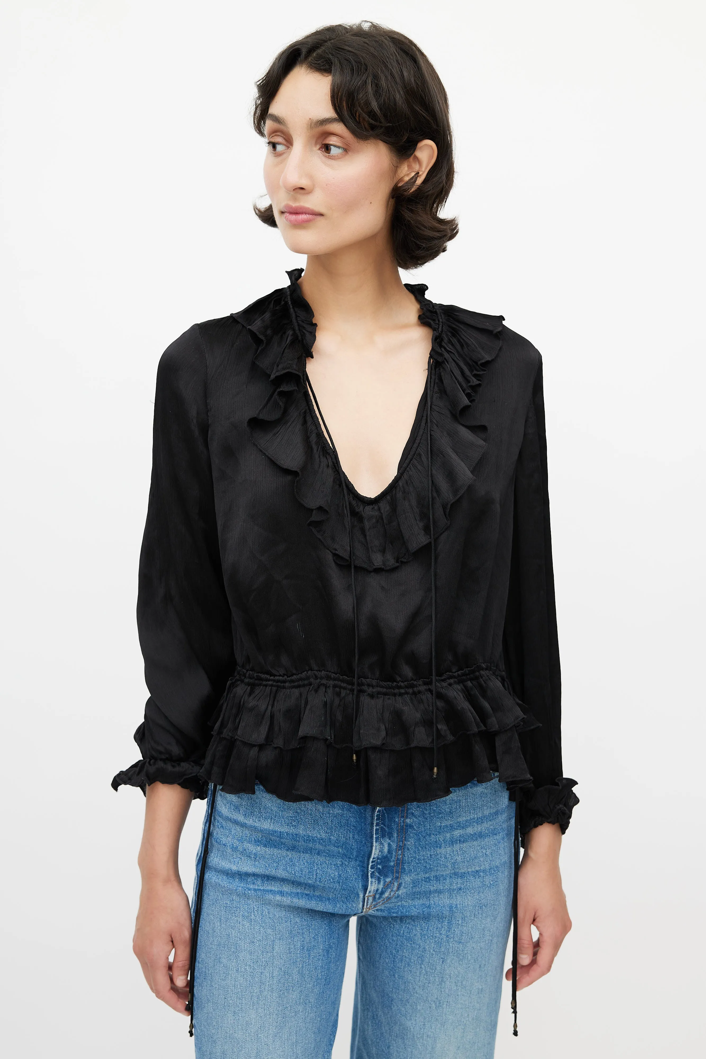 Black Ruffled Silk Top