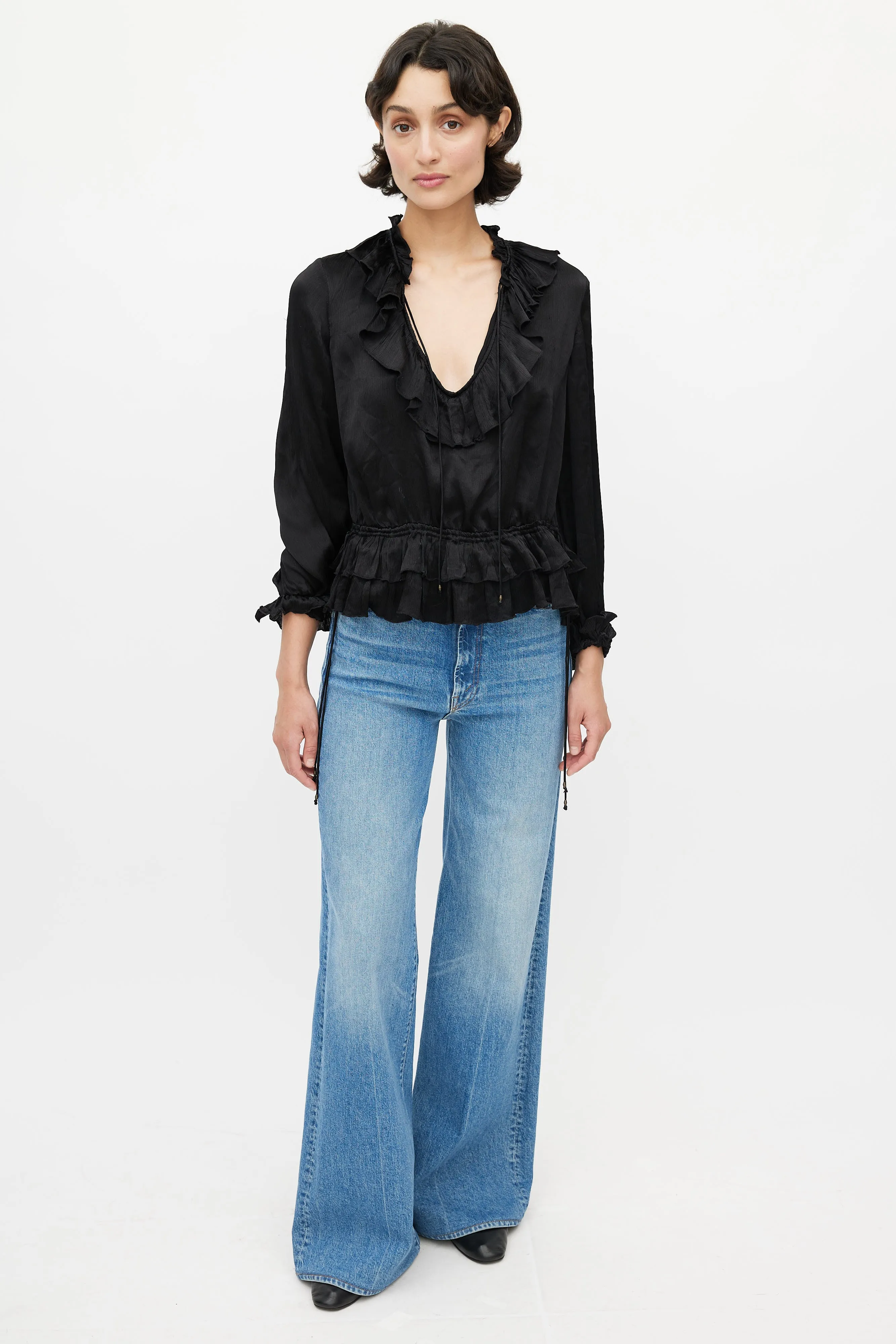 Black Ruffled Silk Top
