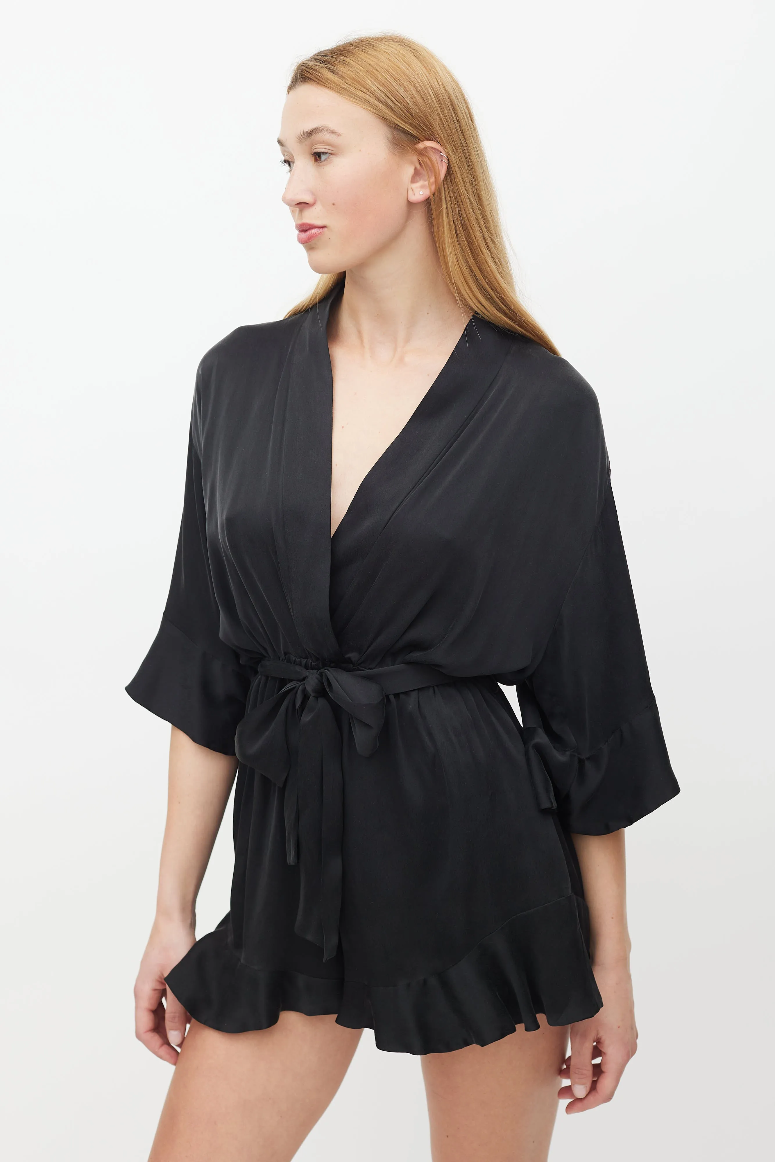Black Silk Ruffled Belted Romper