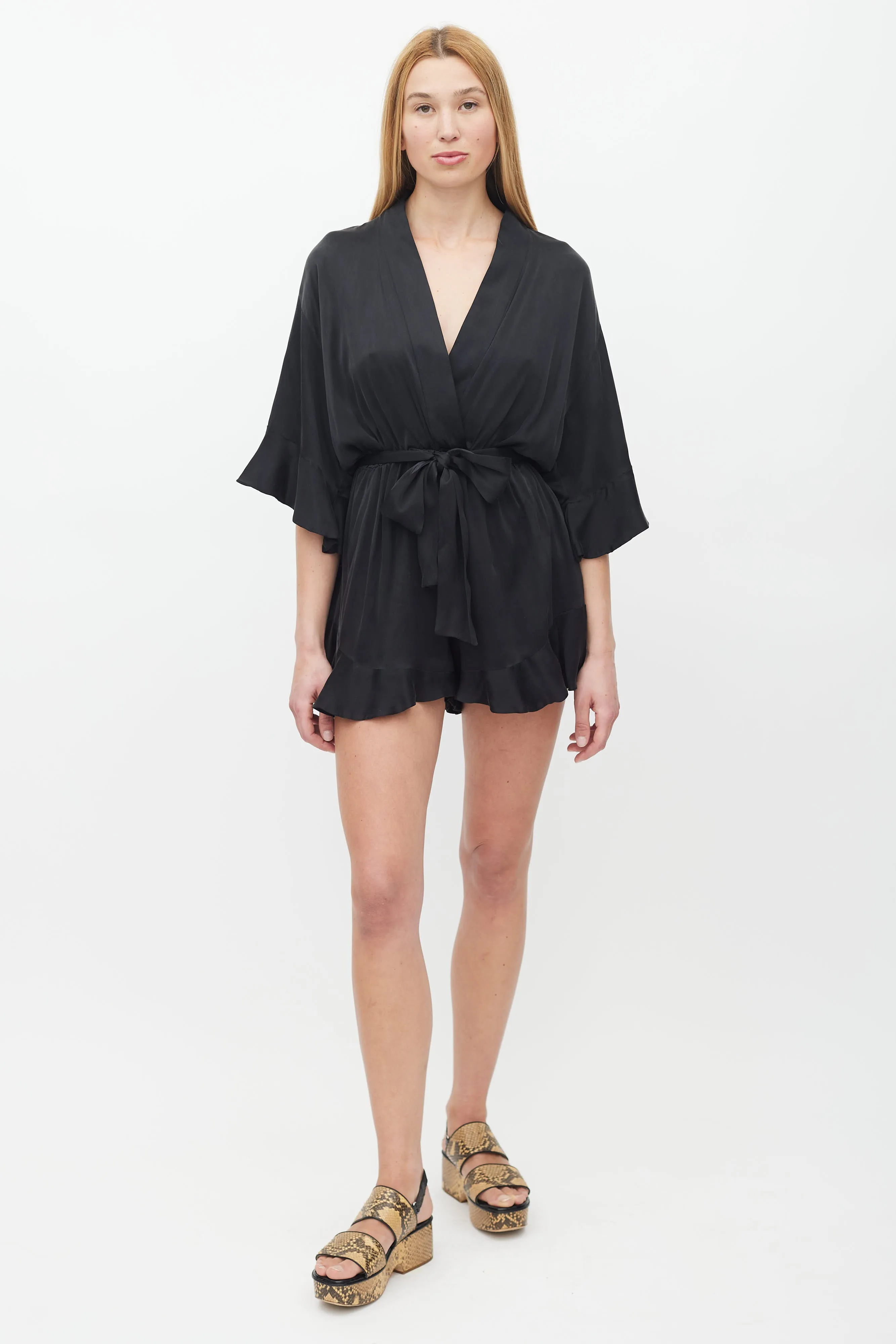 Black Silk Ruffled Belted Romper