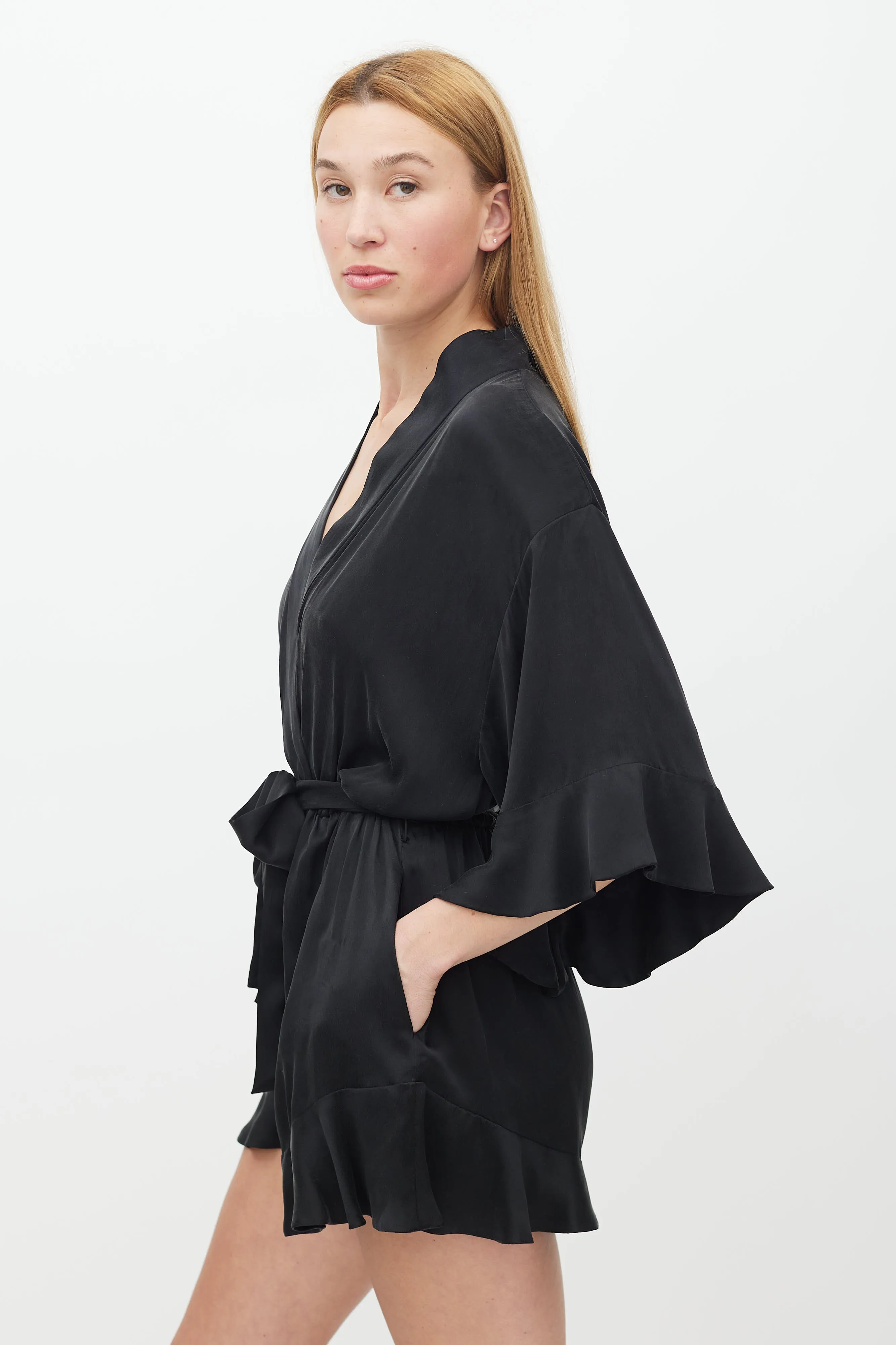 Black Silk Ruffled Belted Romper