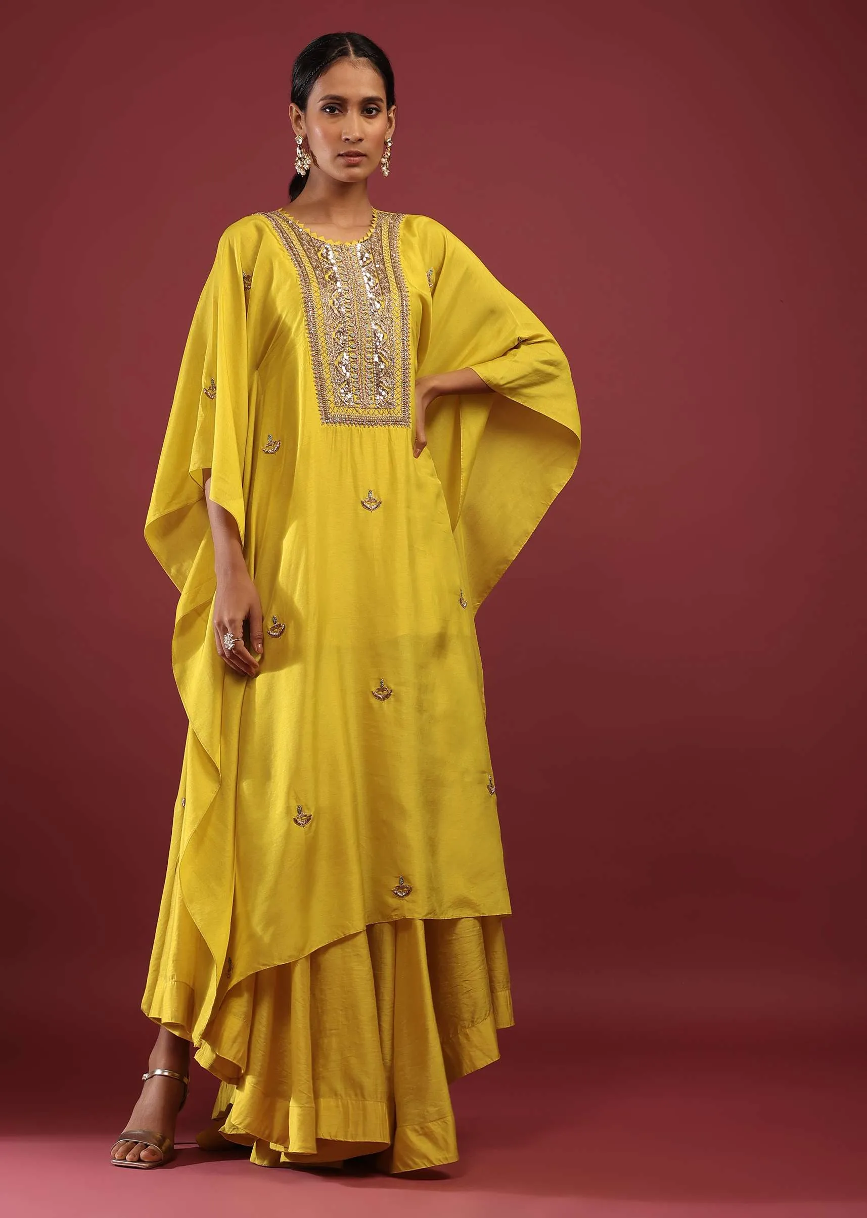Cyber Yellow Kaftan Suit With High Low Palazzo Pants And Zardosi Embroidered Yoke Design