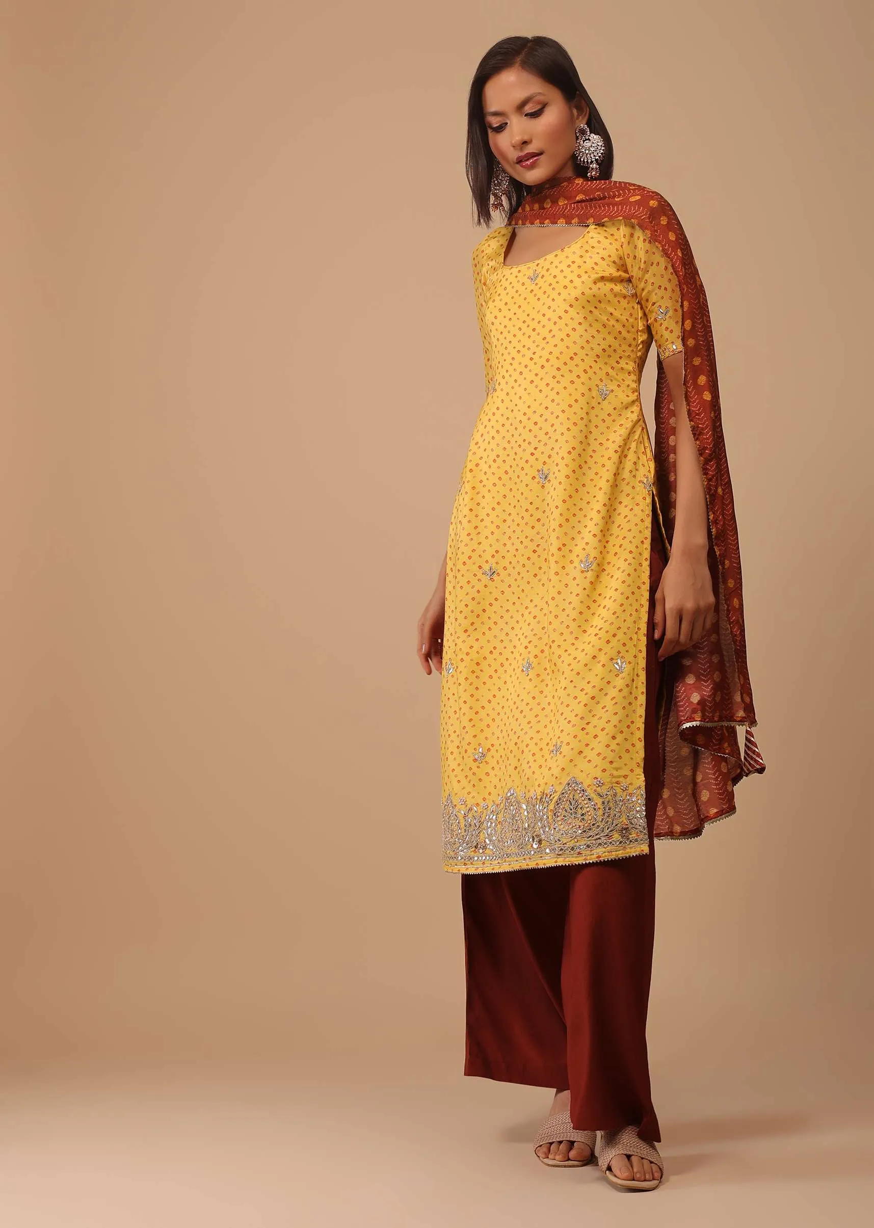 Daffodil Yellow Embroidered Bandhani Printed Cotton Palazzo Suit With Printed Dupatta