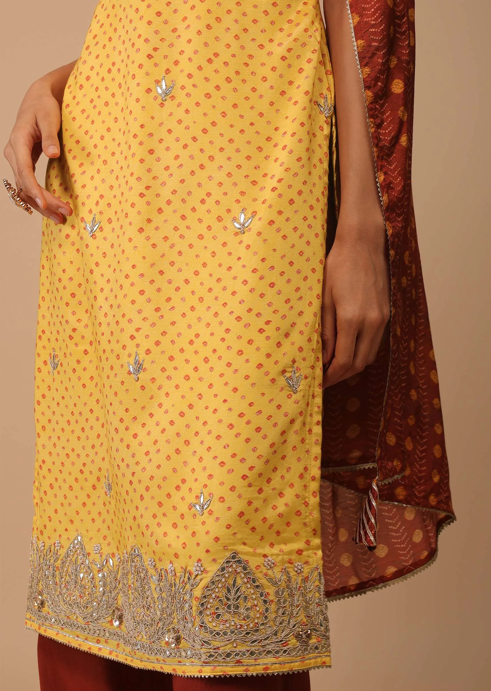 Daffodil Yellow Embroidered Bandhani Printed Cotton Palazzo Suit With Printed Dupatta