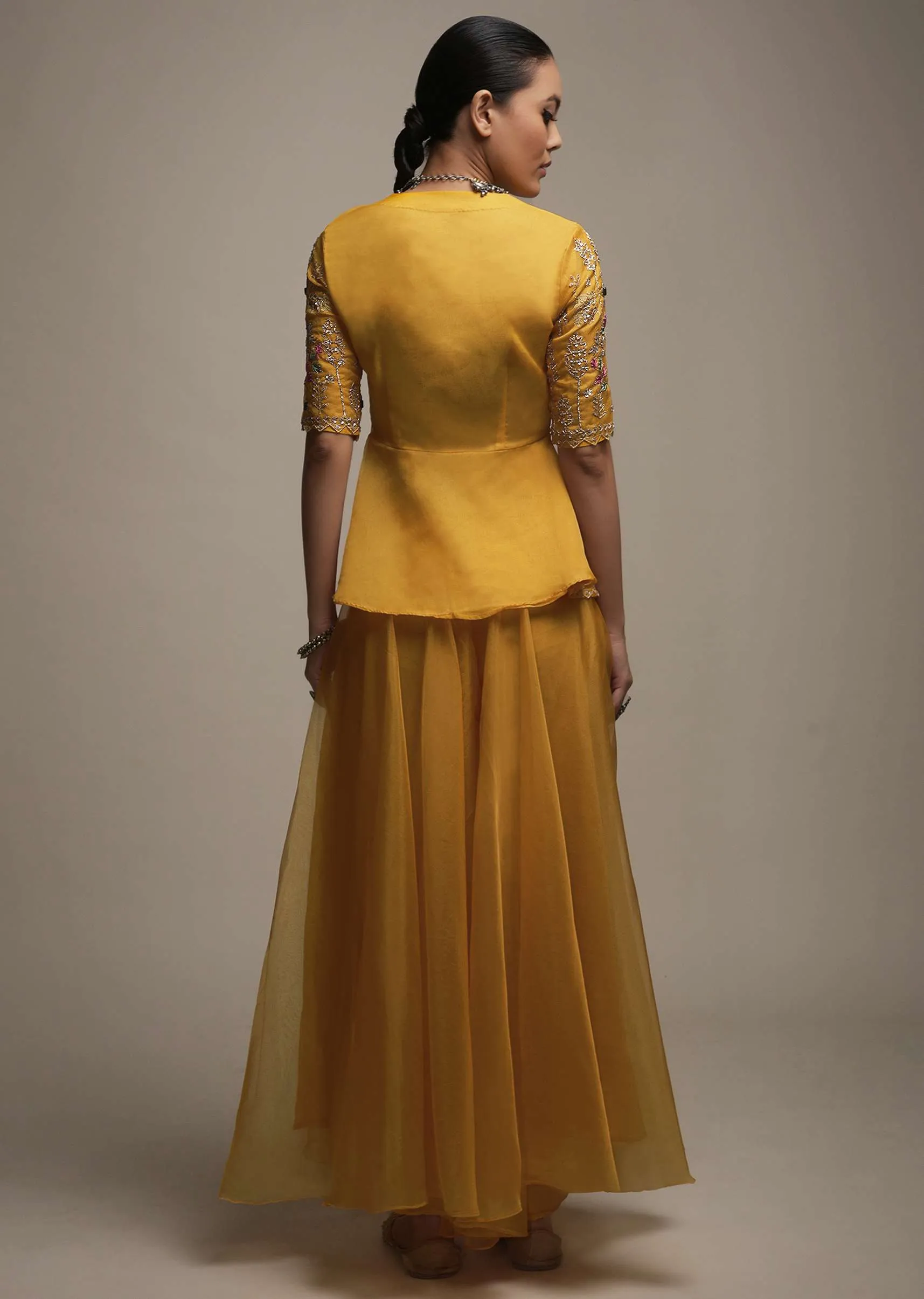 Dark Amber Yellow Palazzo Suit In Organza With Matching Peplum Top Adorned In Zari And Thread Work