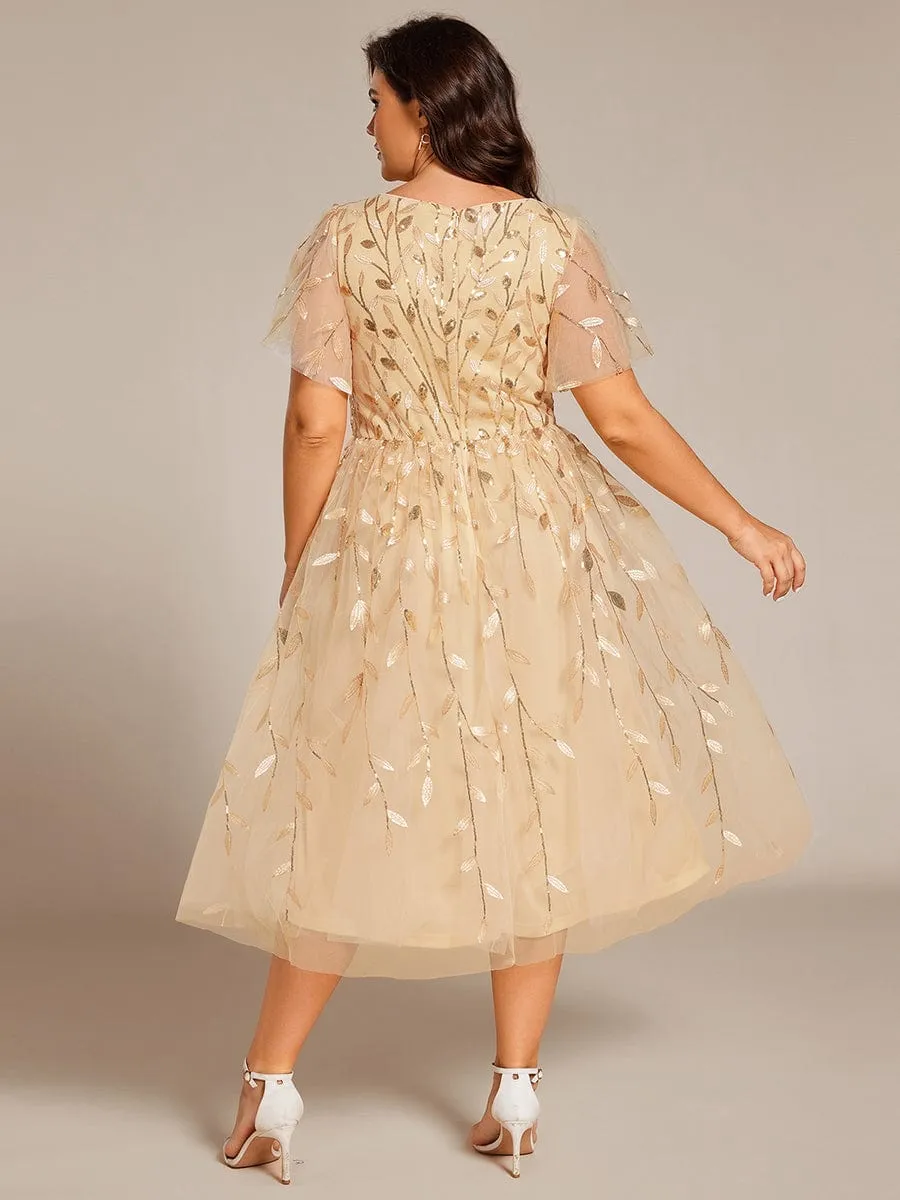 Gentle Coco | Plus Size Sparkly A-Line Midi Tulle Formal Wedding Guest Dress with Leaf Sequin