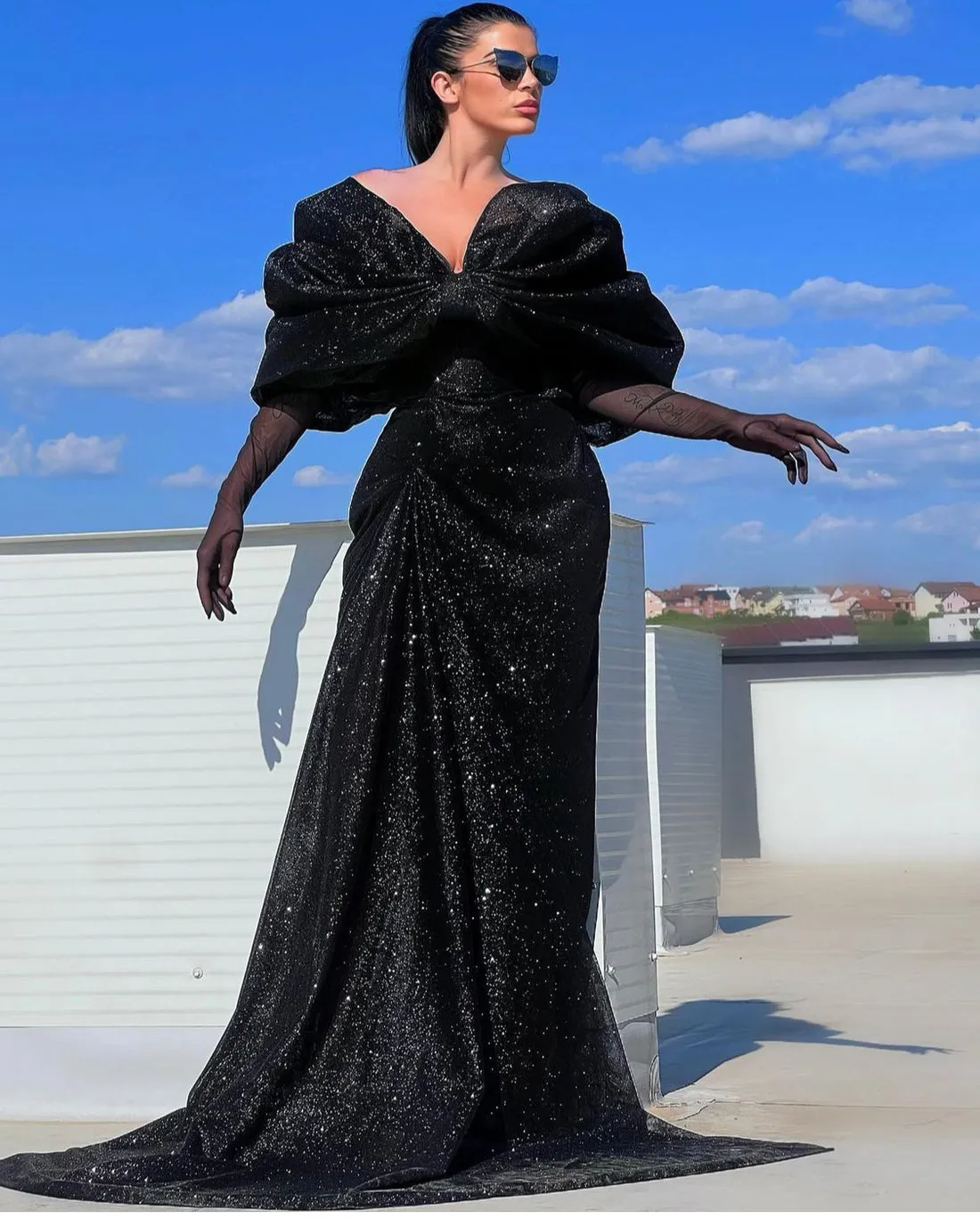 Laylah Deep V Neck Sparkly Evening Dress