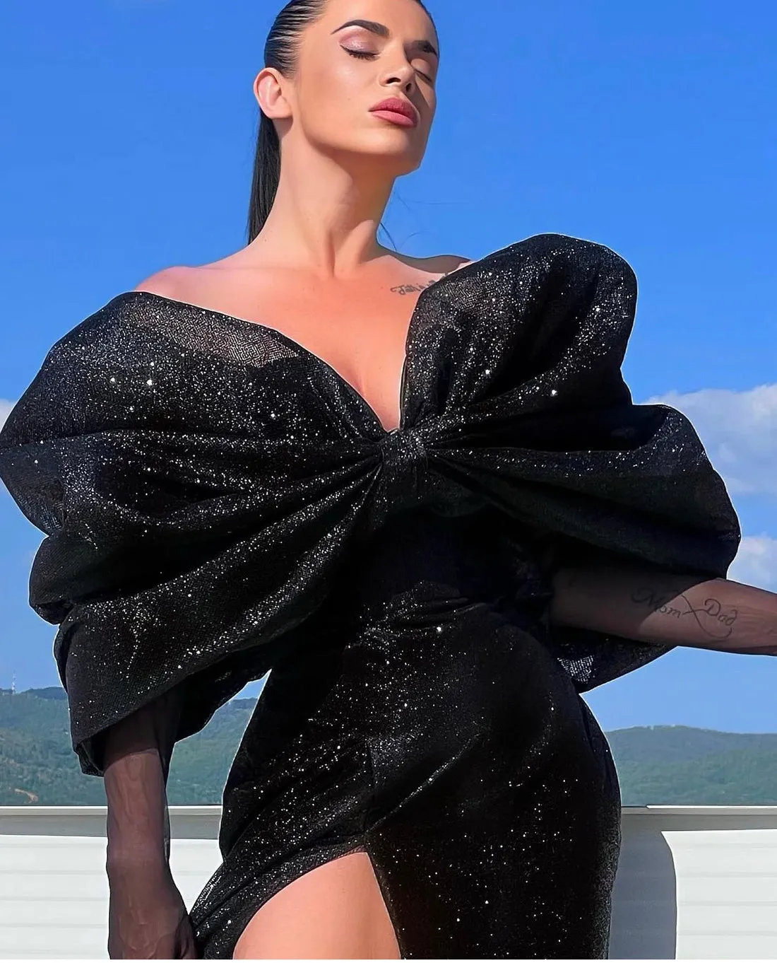 Laylah Deep V Neck Sparkly Evening Dress