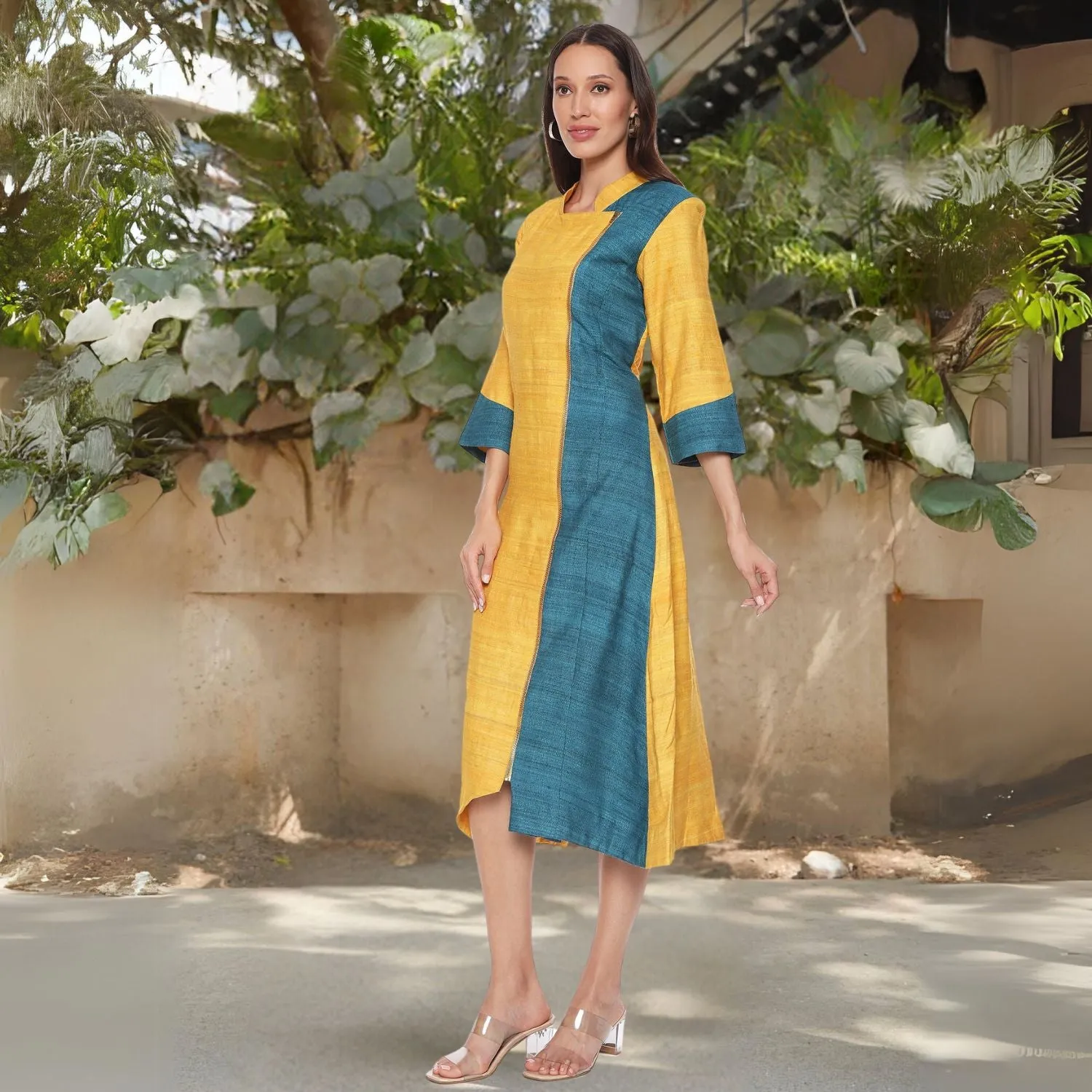 Leticia Vibrant Neck Collar Tunic  Dress| Minimalistic Stylish | Yellow & Blue