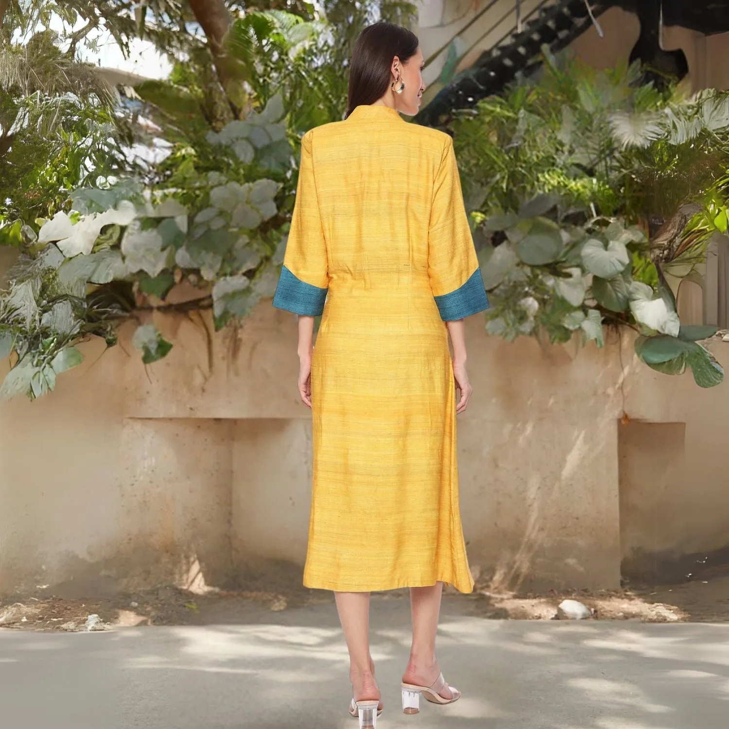 Leticia Vibrant Neck Collar Tunic  Dress| Minimalistic Stylish | Yellow & Blue