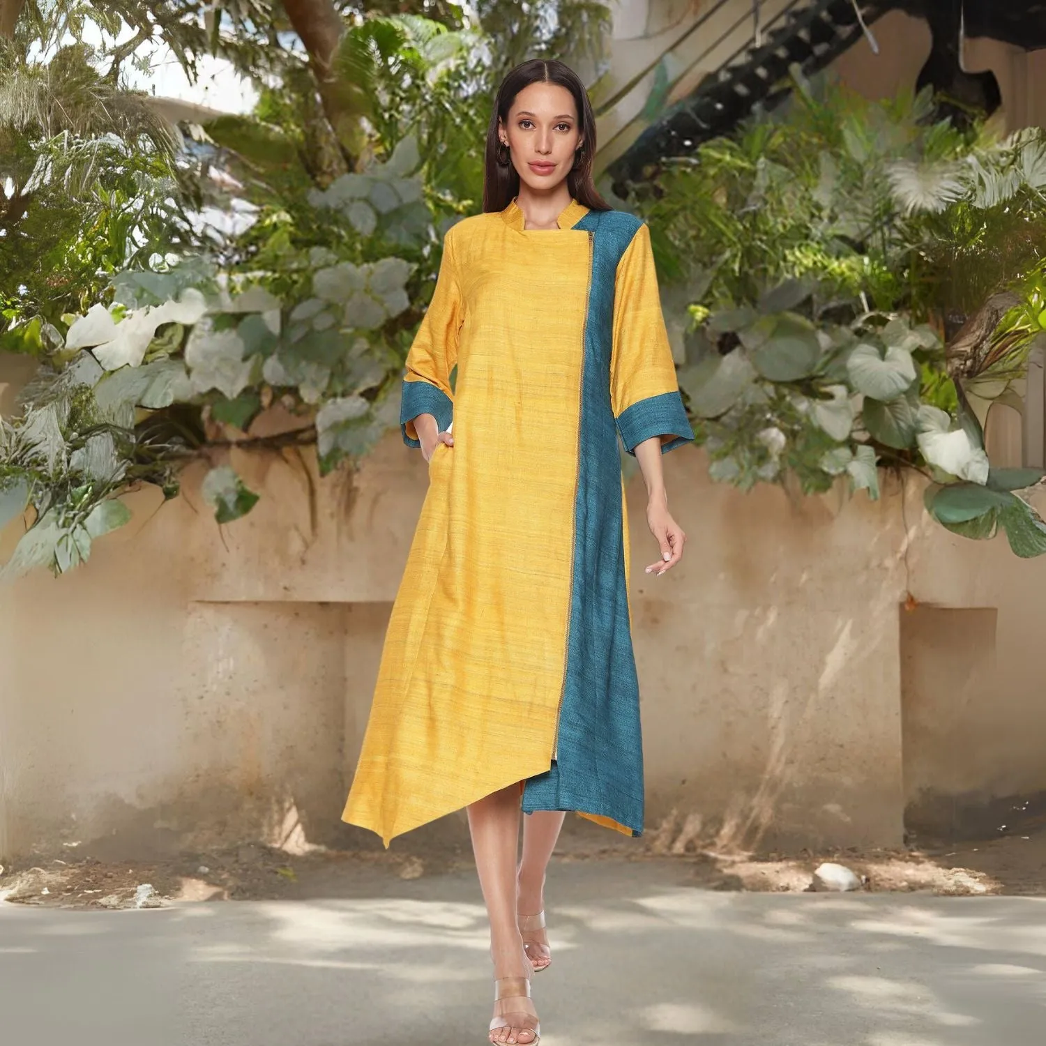 Leticia Vibrant Neck Collar Tunic  Dress| Minimalistic Stylish | Yellow & Blue