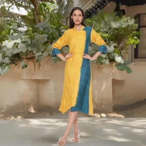 Leticia Vibrant Neck Collar Tunic  Dress| Minimalistic Stylish | Yellow & Blue