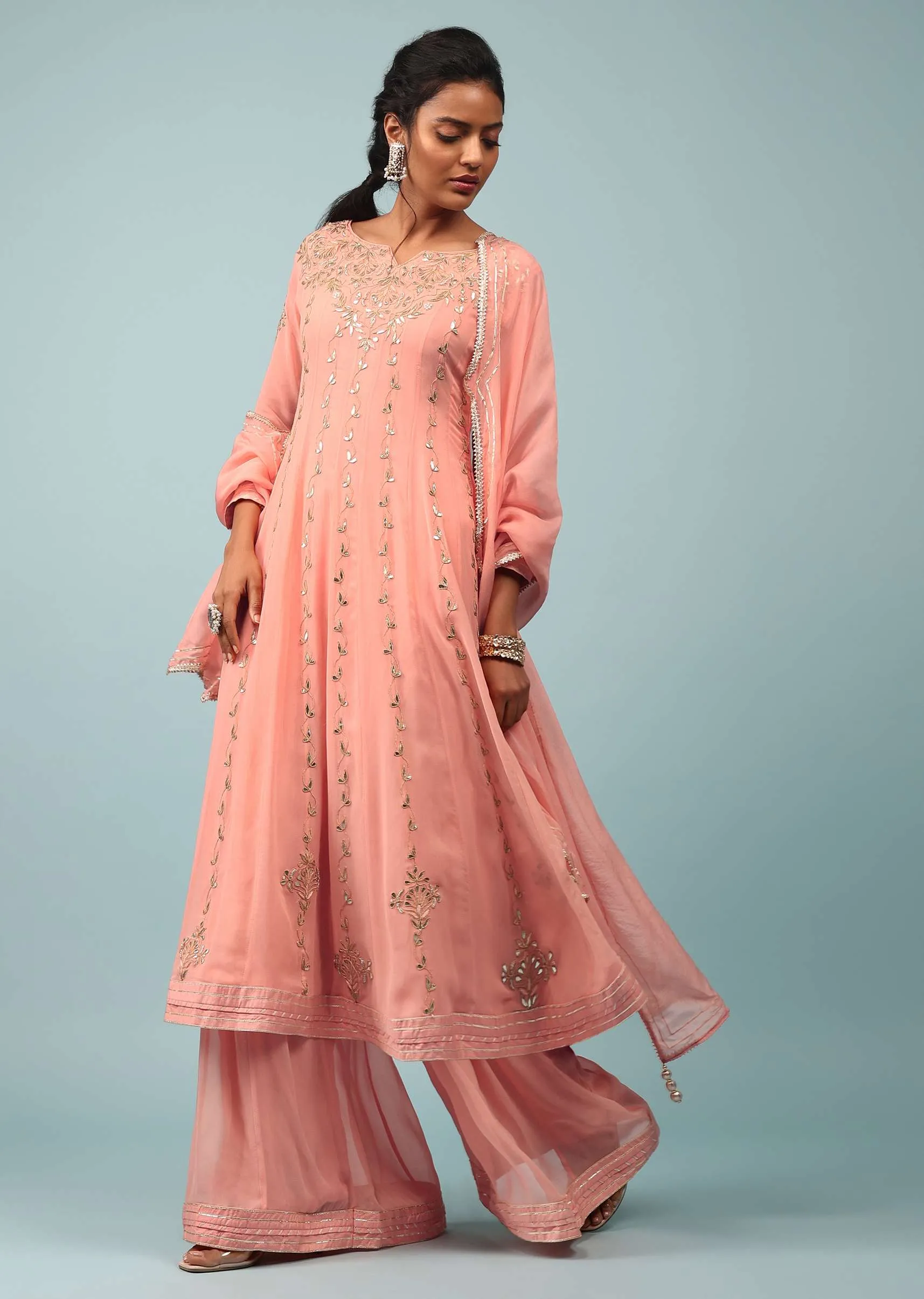 Peach Amber Embroidered Palazzo Suit In Georgette