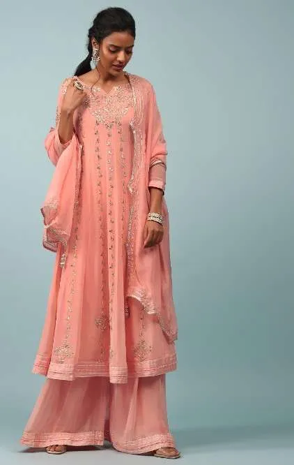 Peach Amber Embroidered Palazzo Suit In Georgette