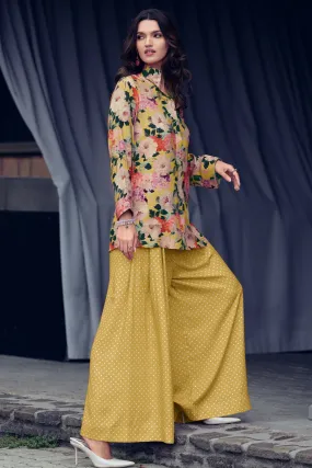 Pear Yellow Floral Printed Muslin Silk Co-Ord Set