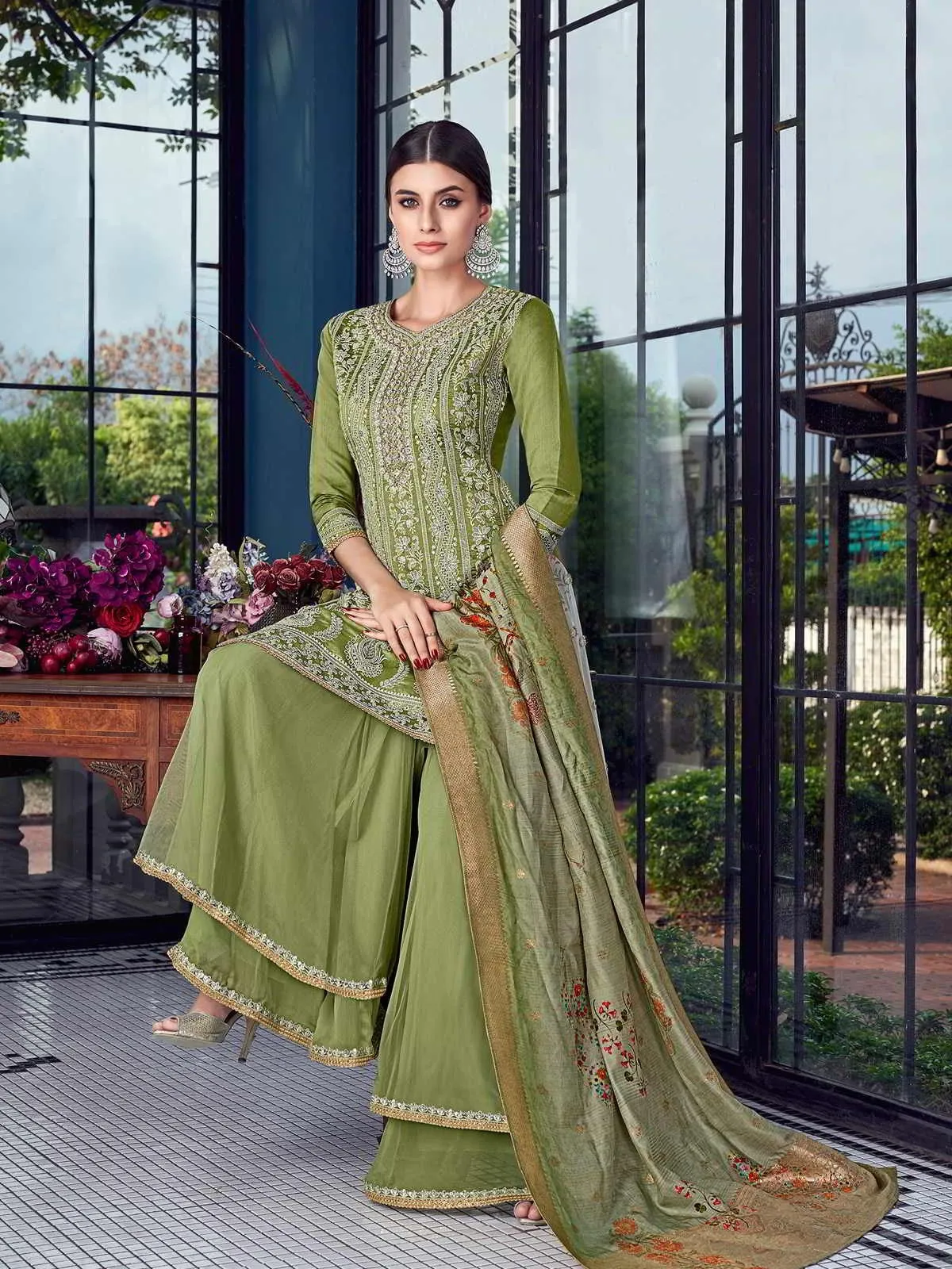 Pista Green Multi Embroidered Lucknowi Sharara Palazzo Suit