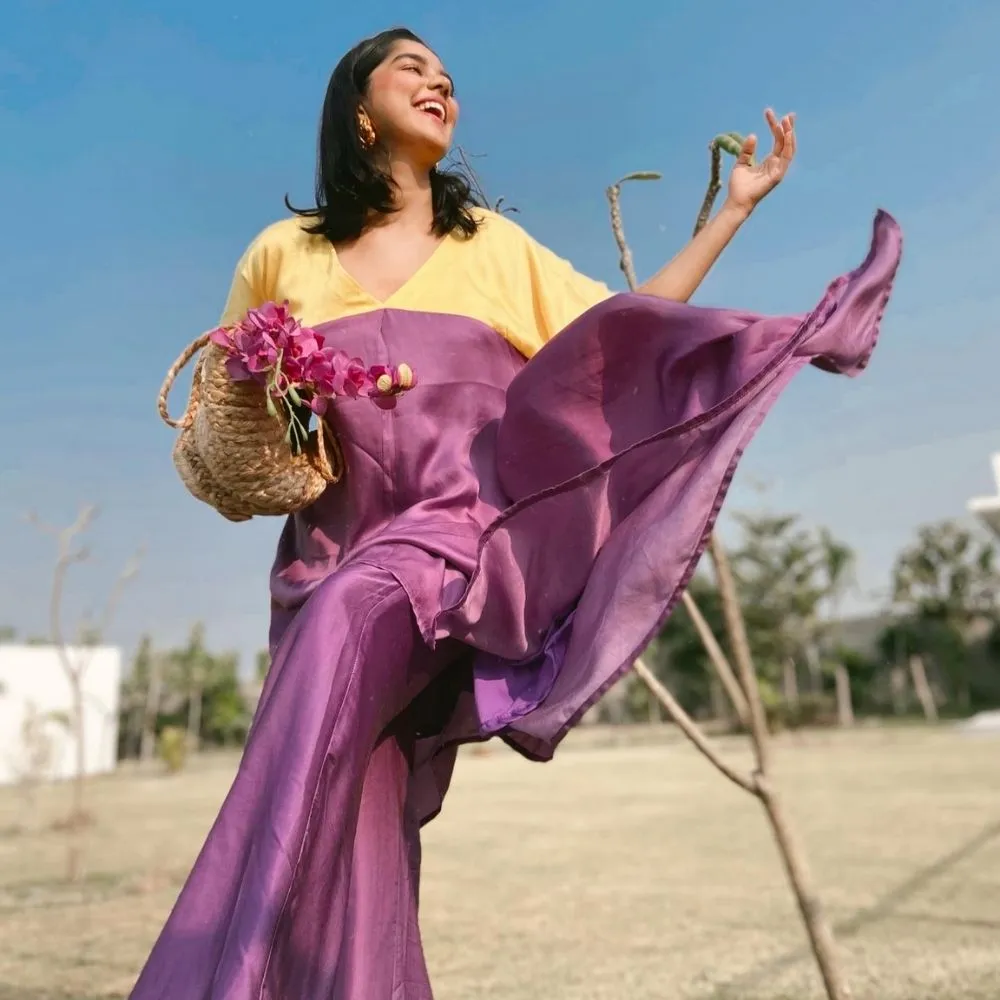 Purple Yellow Colour Blocked Kurta Set | Crafted in Bemberg Modal