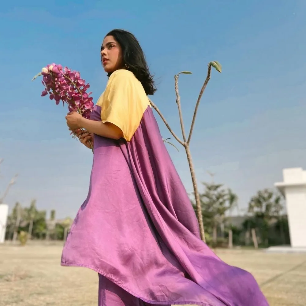 Purple Yellow Colour Blocked Kurta Set | Crafted in Bemberg Modal