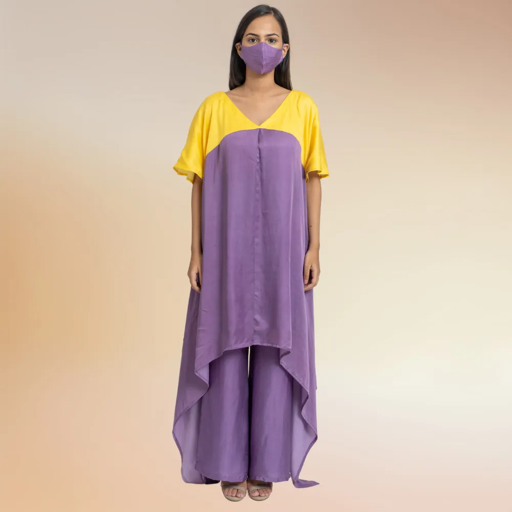 Purple Yellow Colour Blocked Kurta Set | Crafted in Bemberg Modal