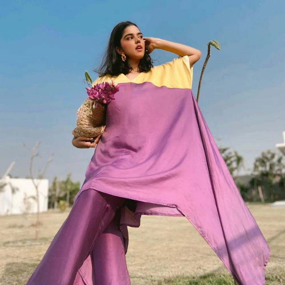 Purple Yellow Colour Blocked Kurta Set | Crafted in Bemberg Modal