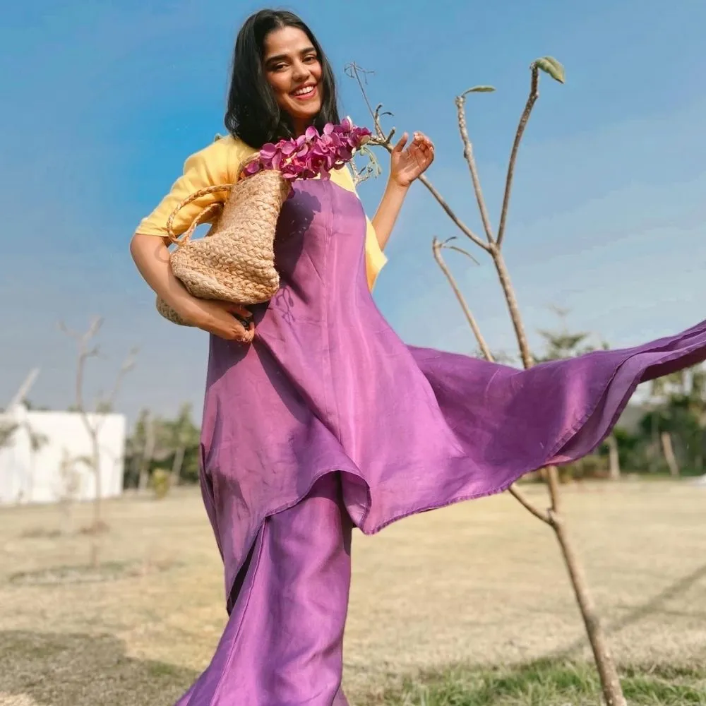 Purple Yellow Colour Blocked Kurta Set | Crafted in Bemberg Modal