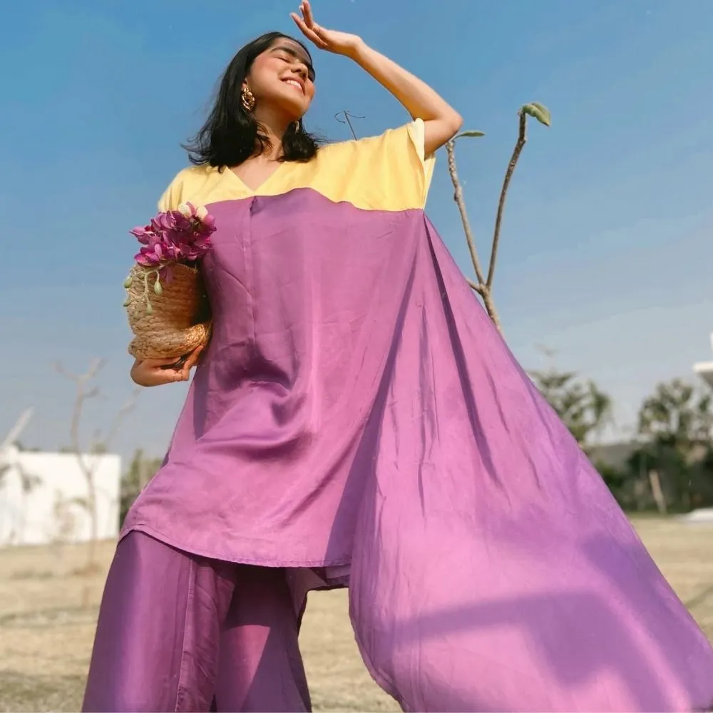 Purple Yellow Colour Blocked Kurta Set | Crafted in Bemberg Modal