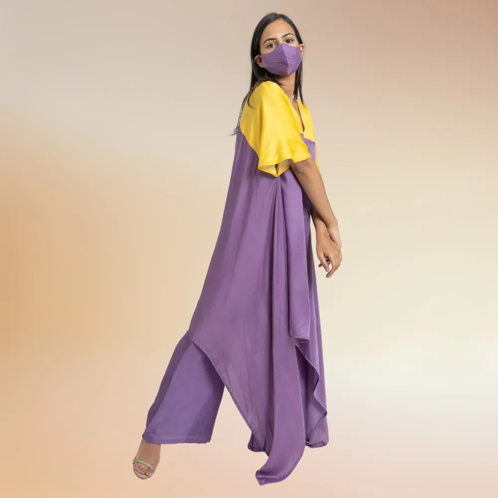 Purple Yellow Colour Blocked Kurta Set | Crafted in Bemberg Modal