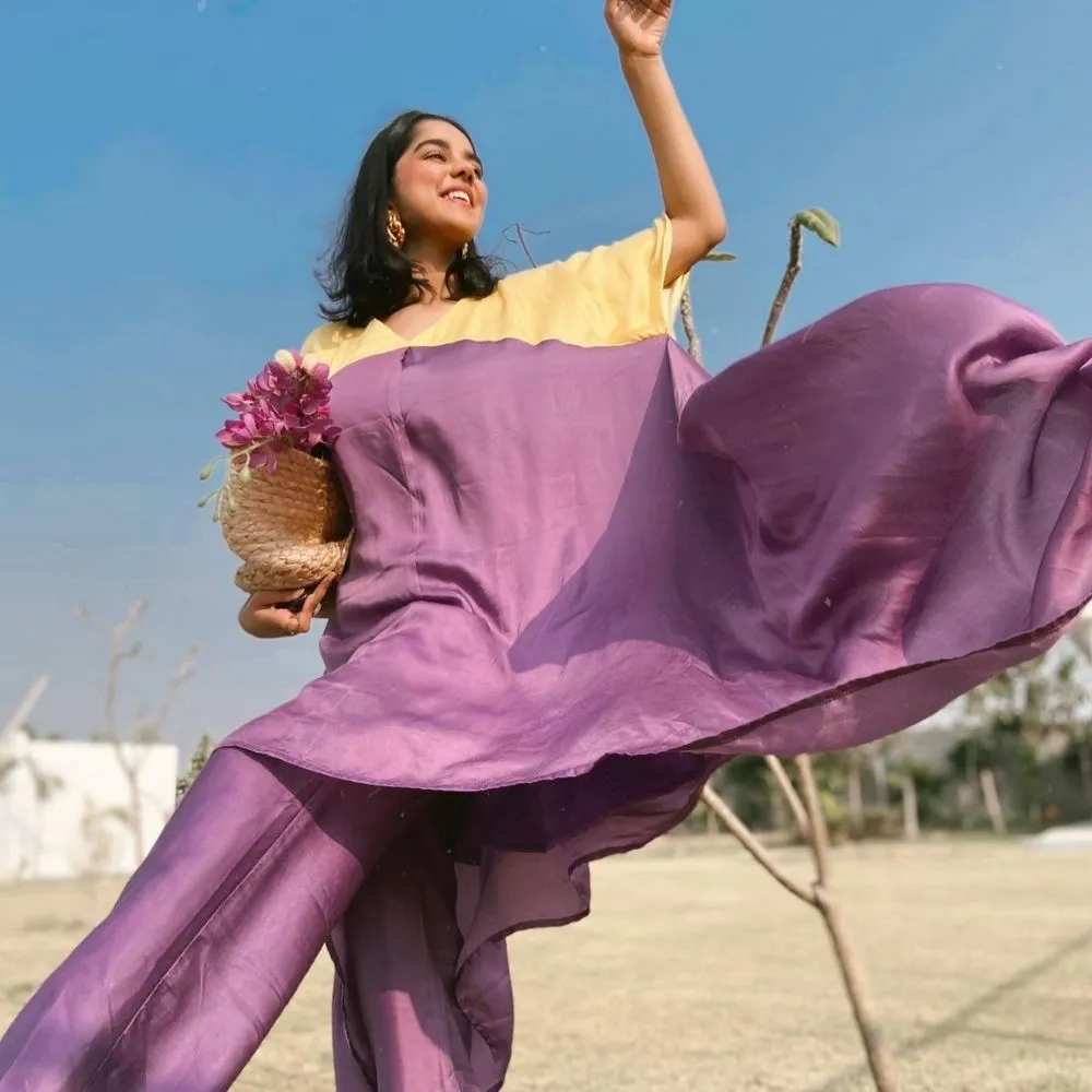 Purple Yellow Colour Blocked Kurta Set | Crafted in Bemberg Modal