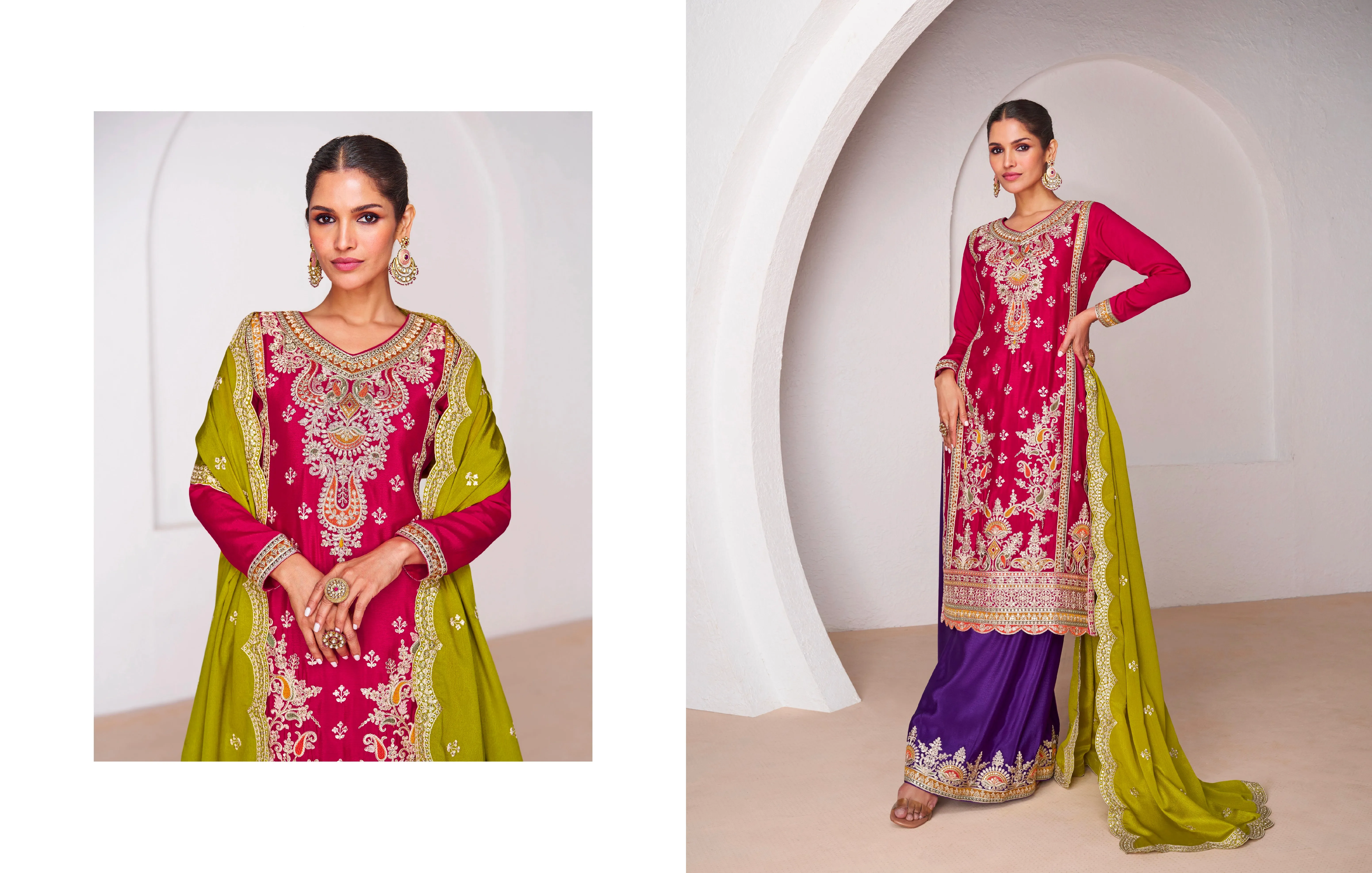 Red Chinnon Silk Anarkali Suit with Purple Palazzo and Green Dupatta
