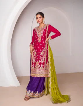 Red Chinnon Silk Anarkali Suit with Purple Palazzo and Green Dupatta