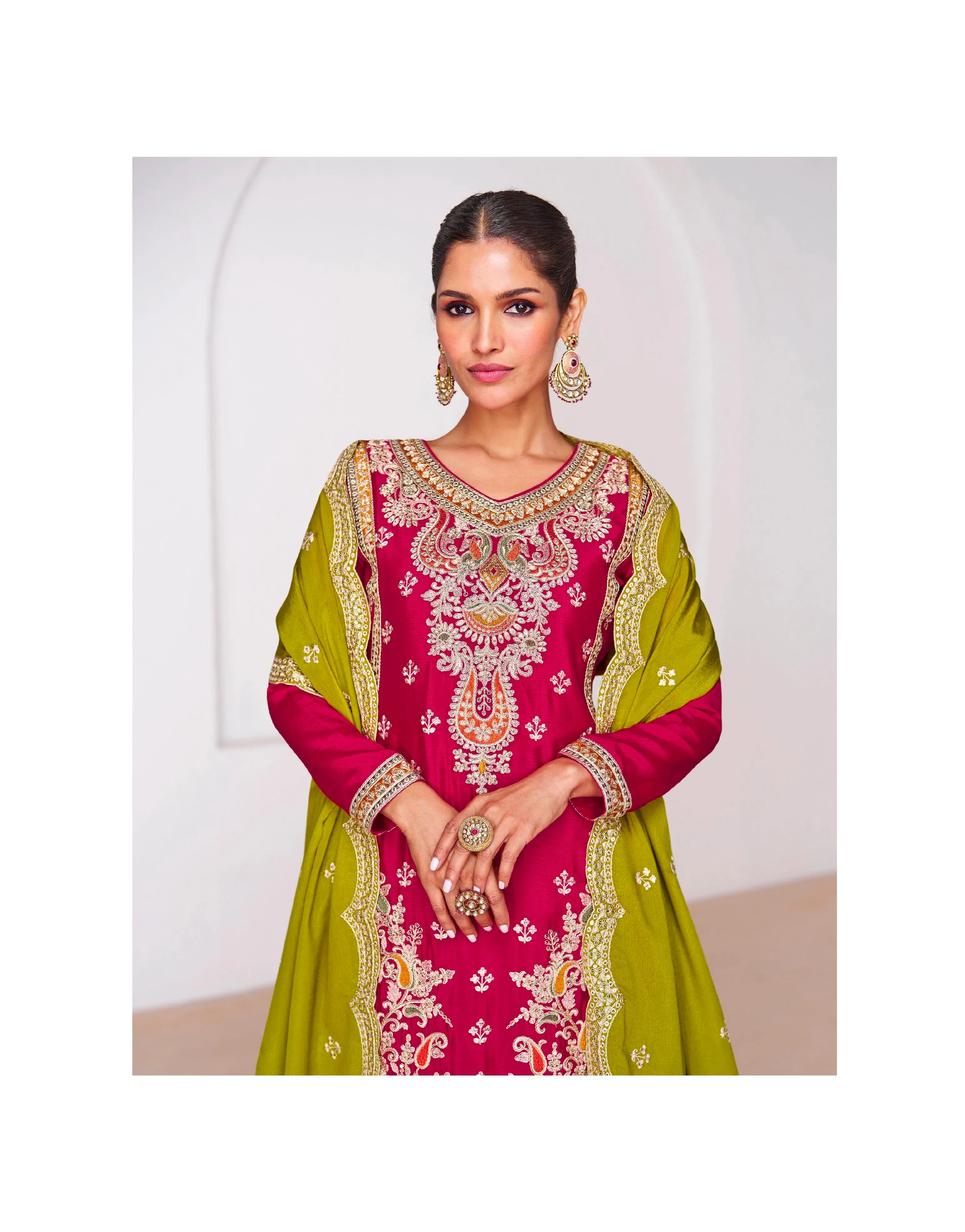 Red Chinnon Silk Anarkali Suit with Purple Palazzo and Green Dupatta