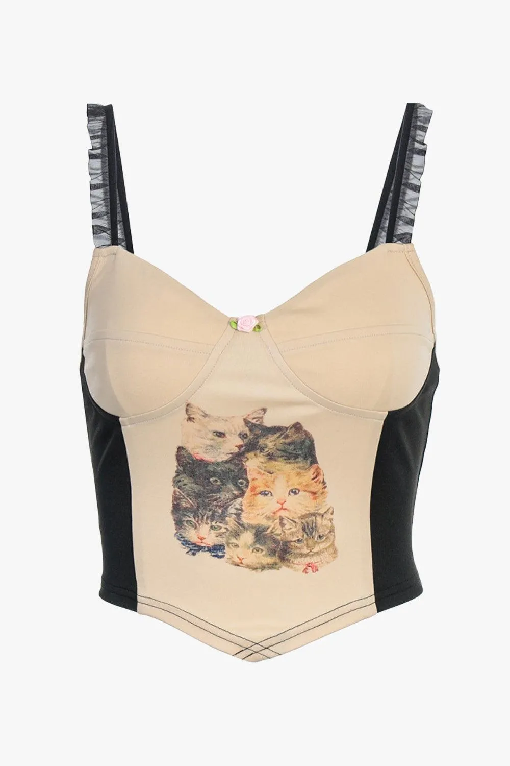 Ruffle Straps Retro Cats Crop Top