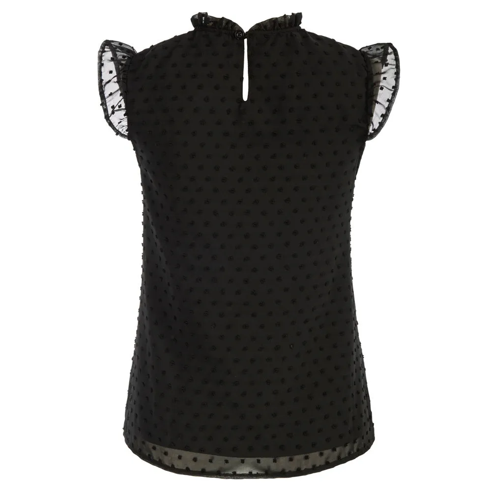 Vintage Lace Patchwork Tops Flutter Sleeve Ruffle Stand Collar Swiss Dot Tops