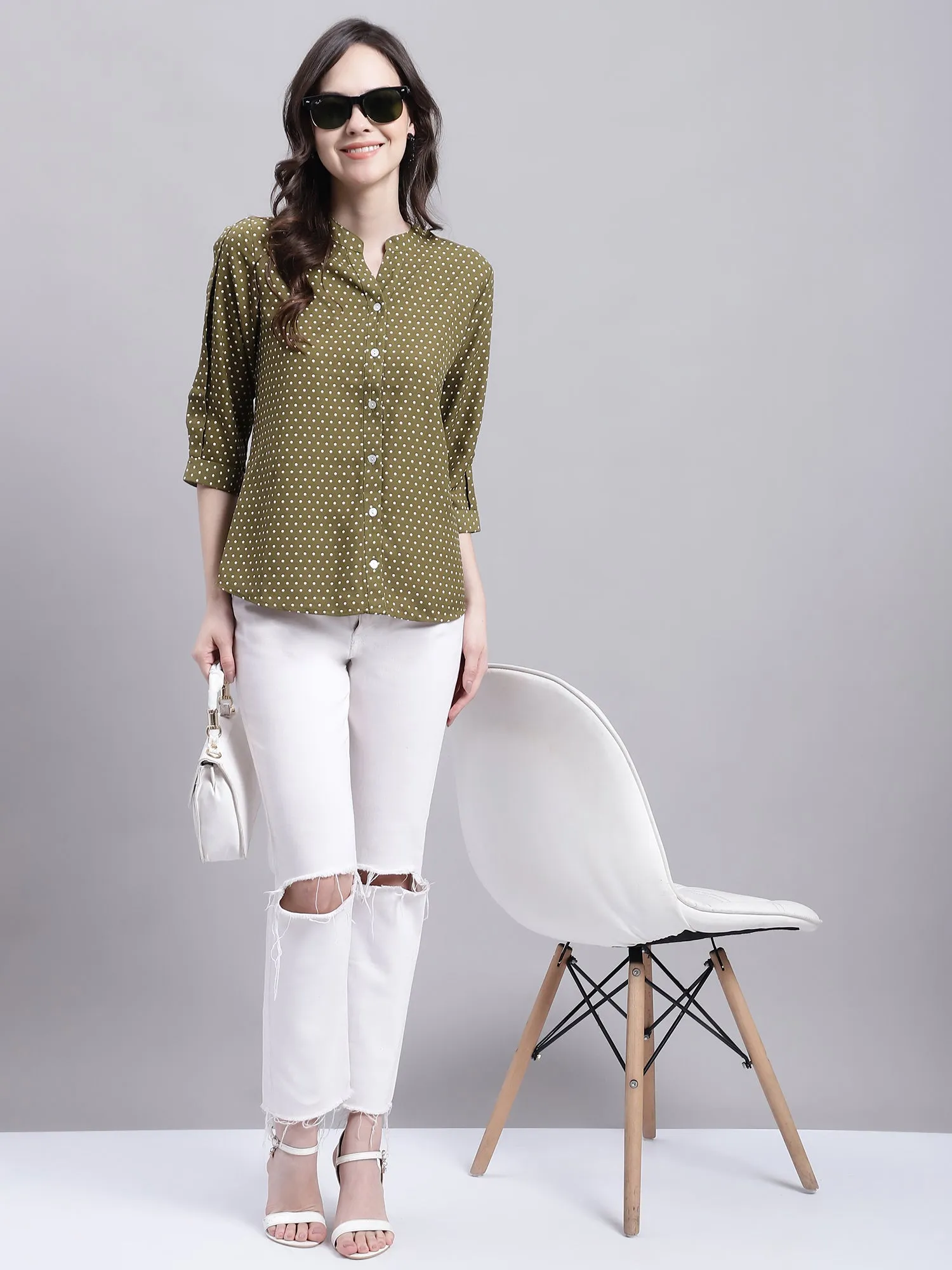 Women's Casual  Green Polka dot Print Mandarin Collar Top