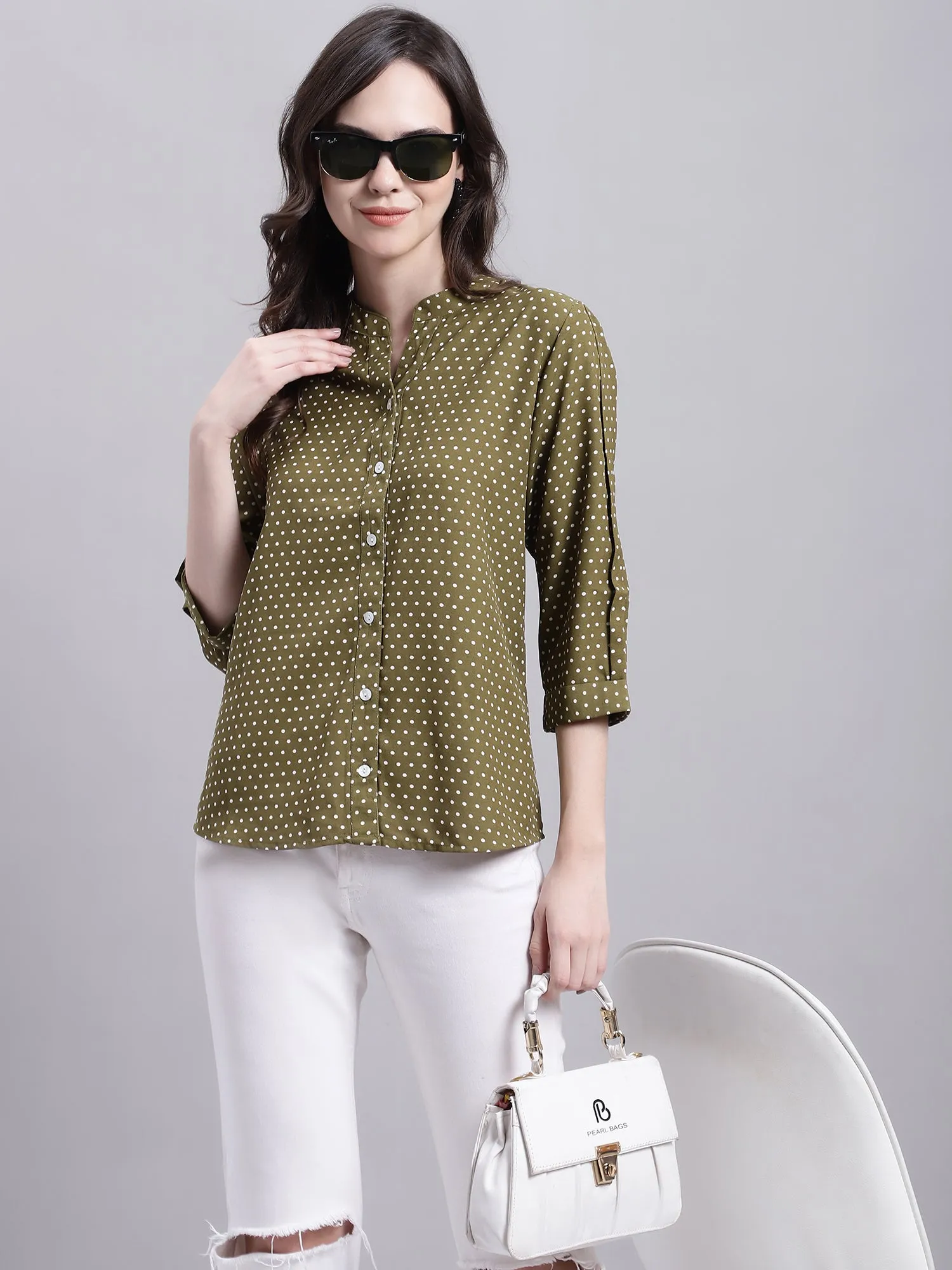 Women's Casual  Green Polka dot Print Mandarin Collar Top