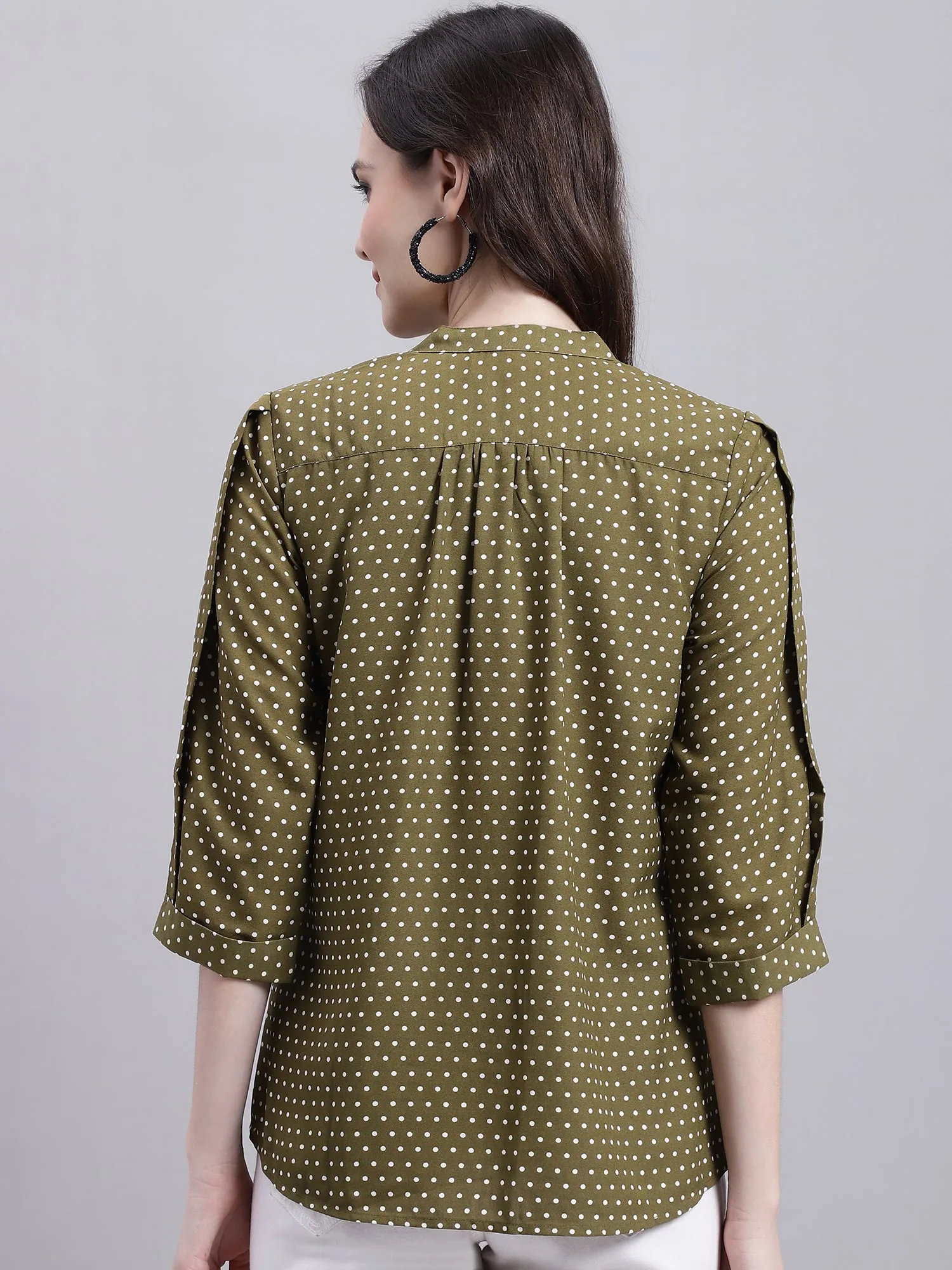 Women's Casual  Green Polka dot Print Mandarin Collar Top