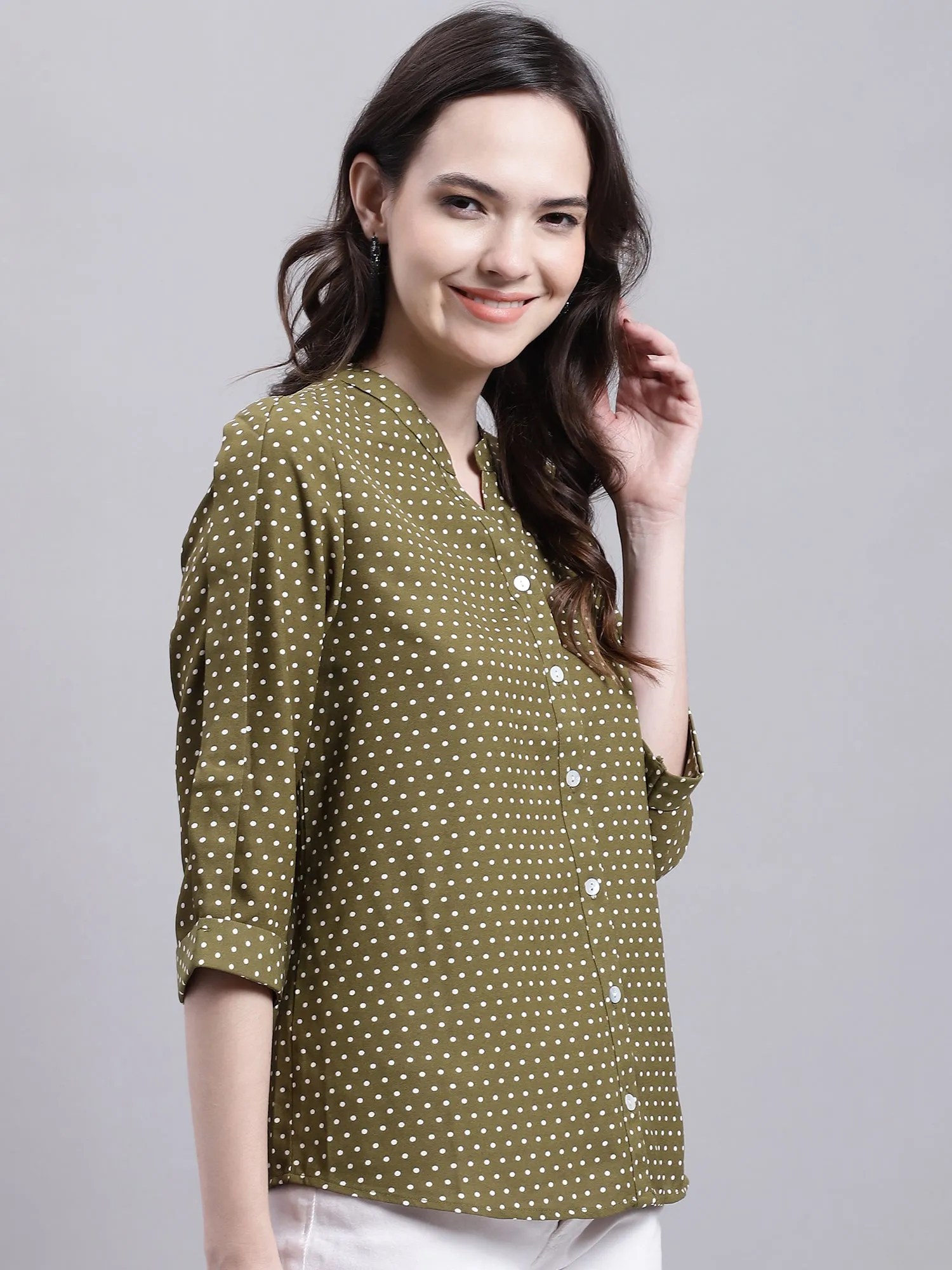 Women's Casual  Green Polka dot Print Mandarin Collar Top