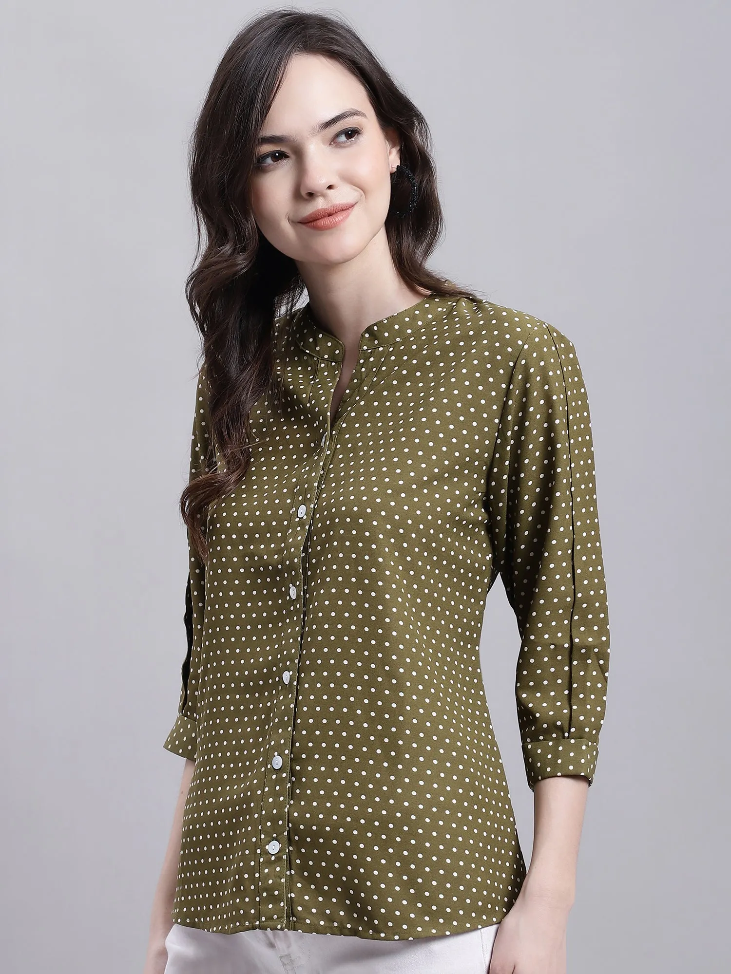 Women's Casual  Green Polka dot Print Mandarin Collar Top