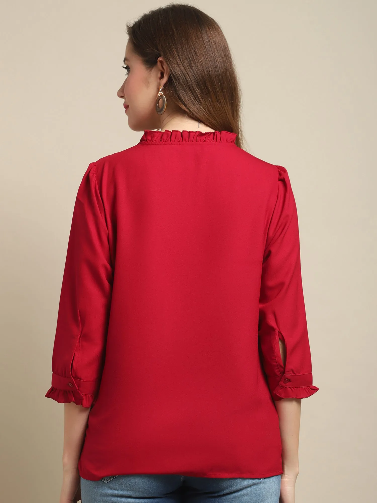 Women's Casual  Red Solid Ruched neck line Top